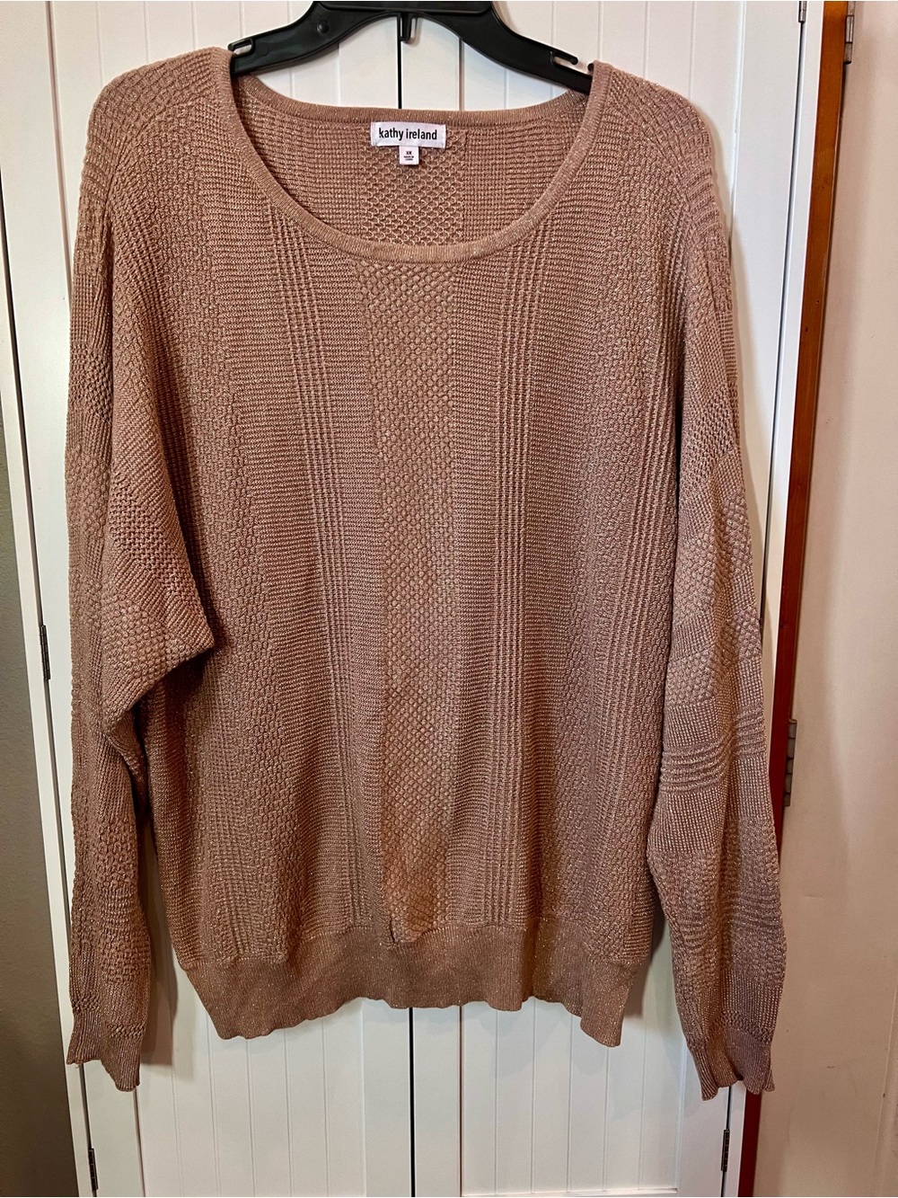 Kathy Ireland Taupe Crewneck Textured Knit Sweater